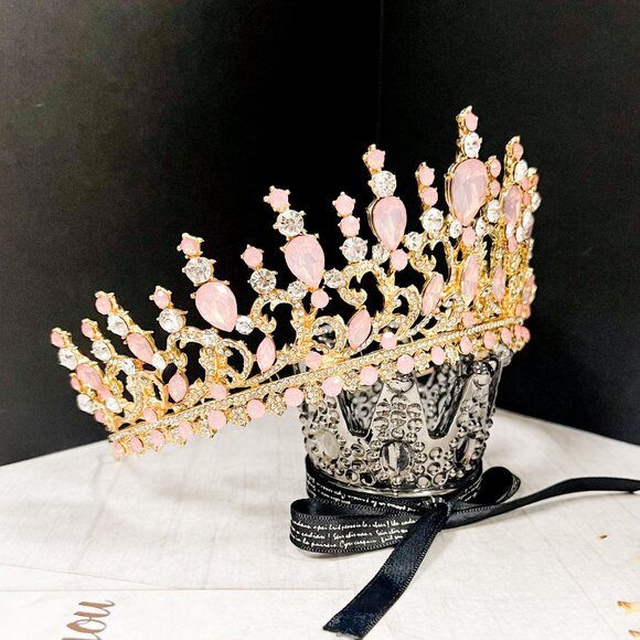 Pink and Gold Crystal Tiara Wedding Princess Gemstone Crown Adult women’s queen - Picture 3 of 11